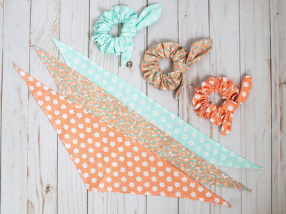 Mommy & Me Bandana Scrunchie Set | Summer Print Bandana | Orange and Blue Modern Print Bandana | Small Dog Bandana | Cat Bandana | Scrunchie